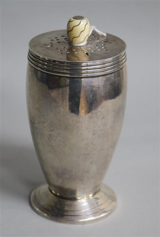 An Art Deco silver sugar caster with ivory knop, Josiah Williams & Co, London, 1934, 7.1 oz.